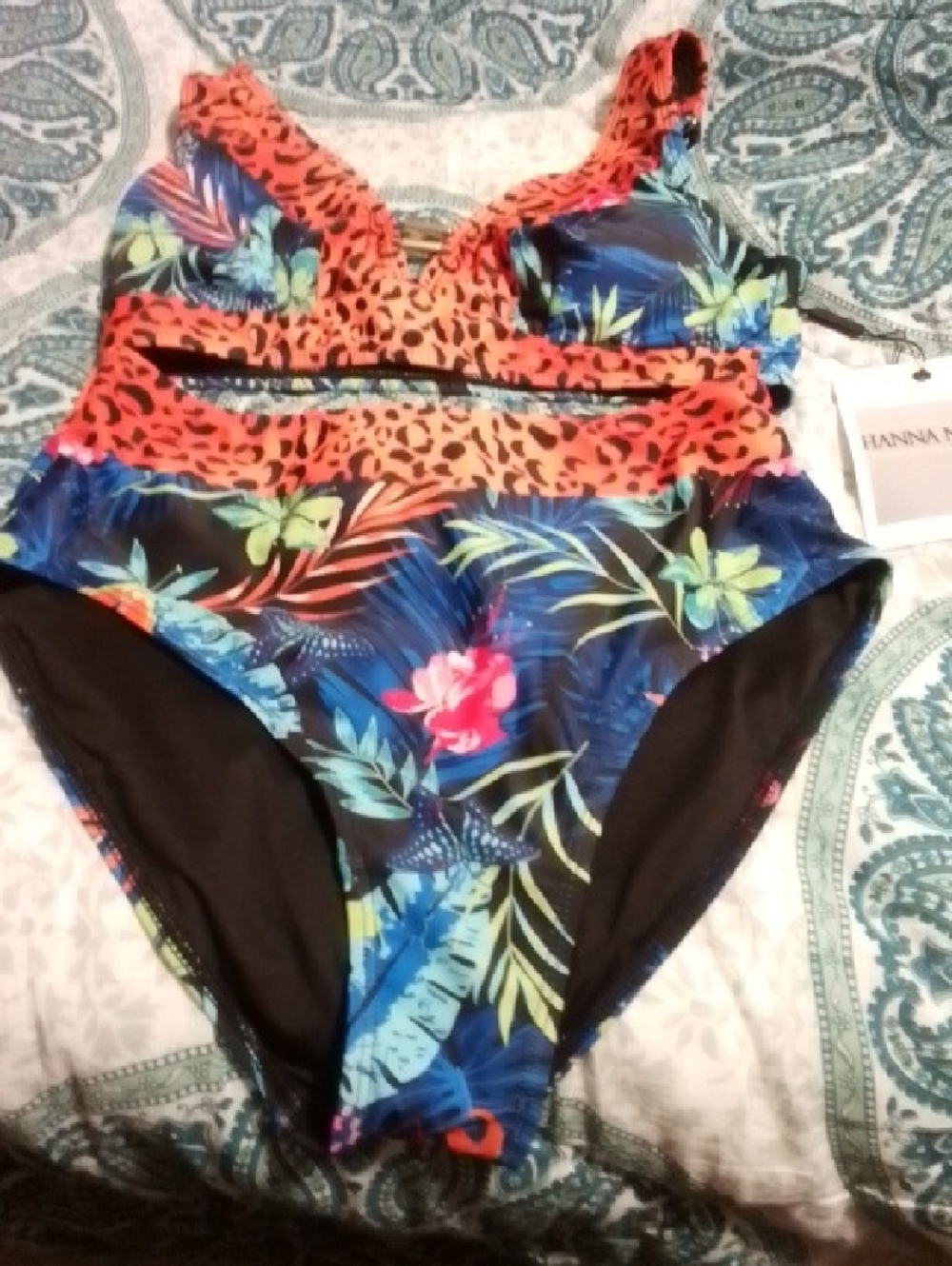 Tropical Floral Two Piece Swimsuit with Leopard Trim